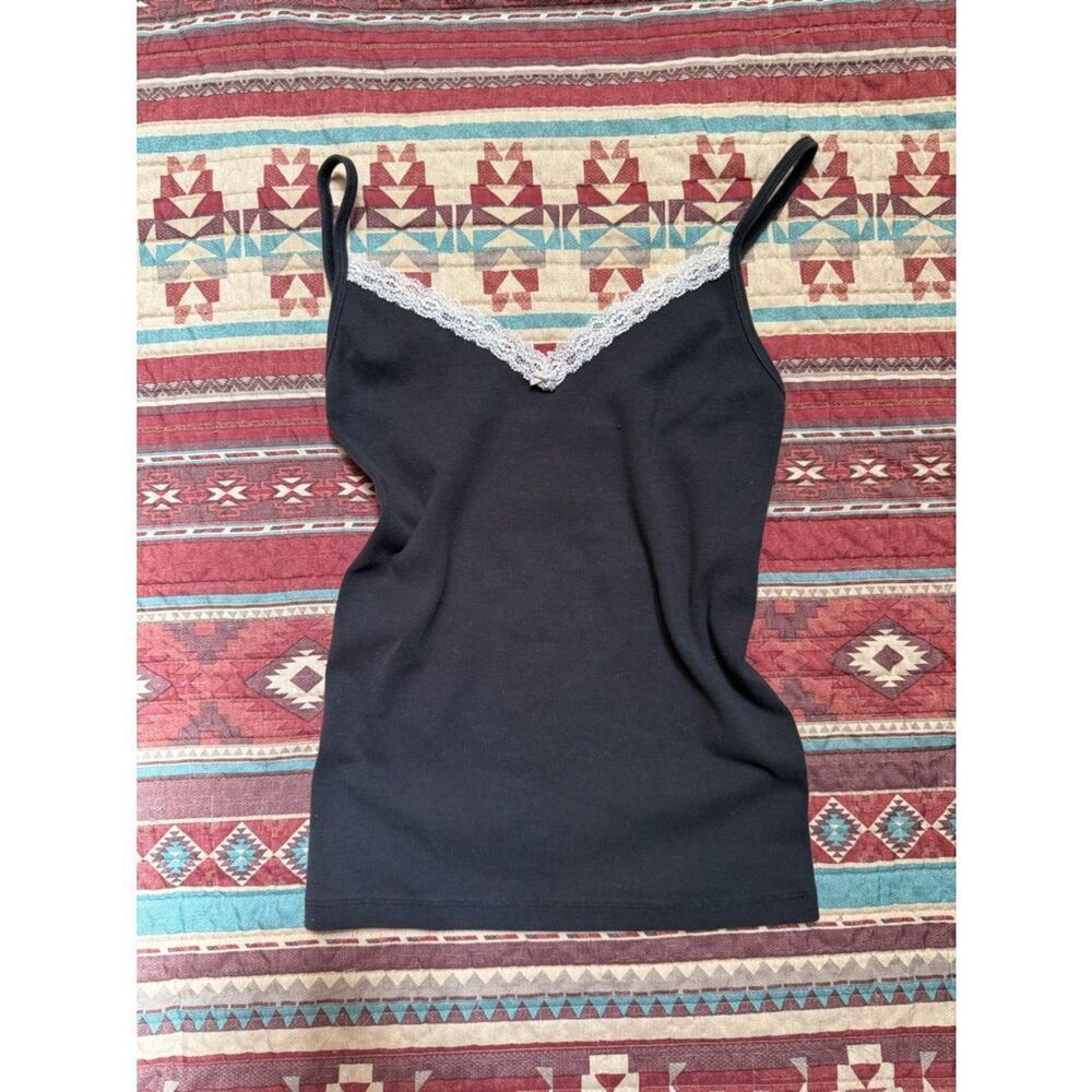 Brandy Melville Black Cami with Cream Lace Trim small